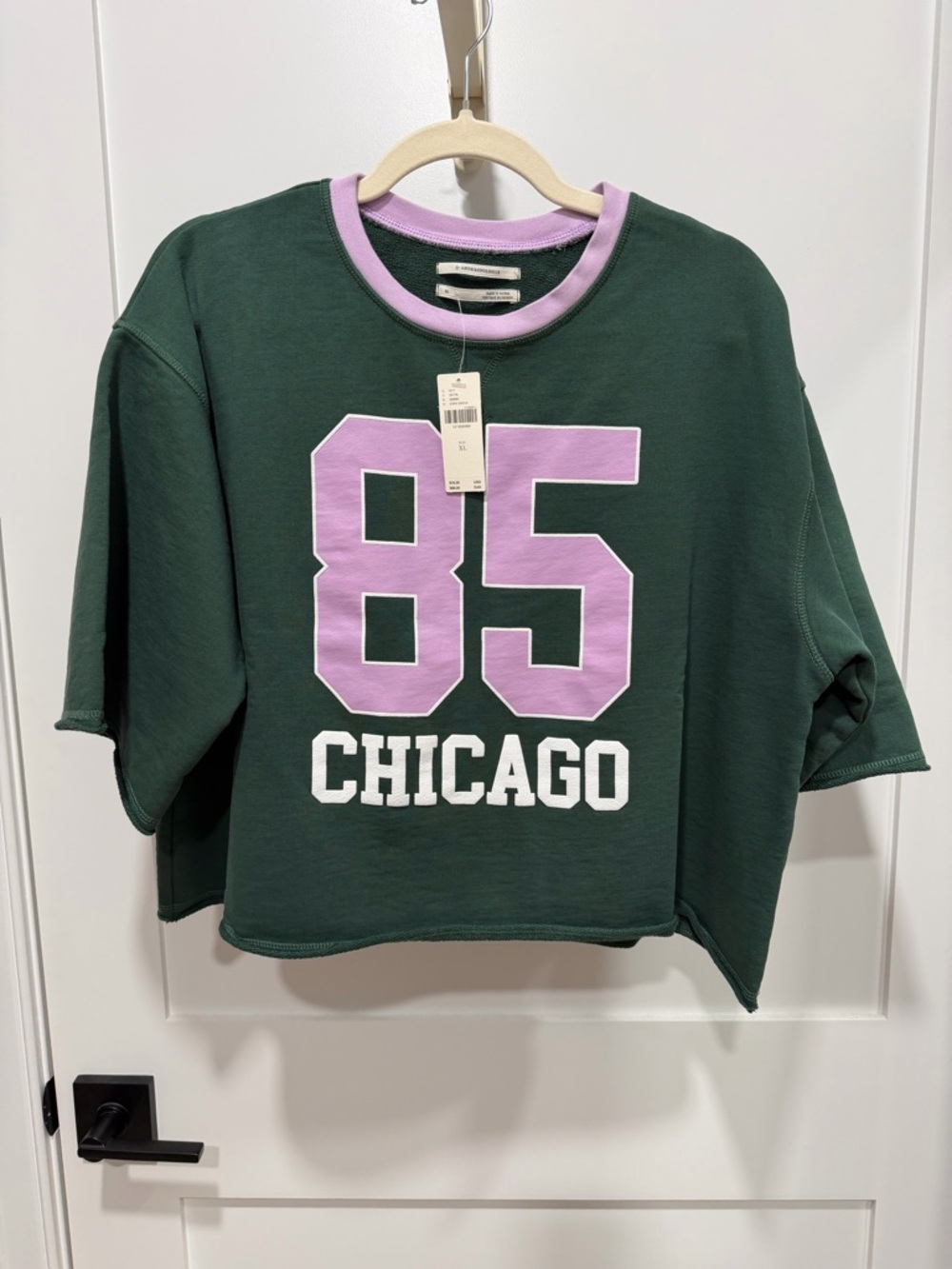 Anthropologie Green Cropped Tee with Lavender Number 85 and White Chicago Print